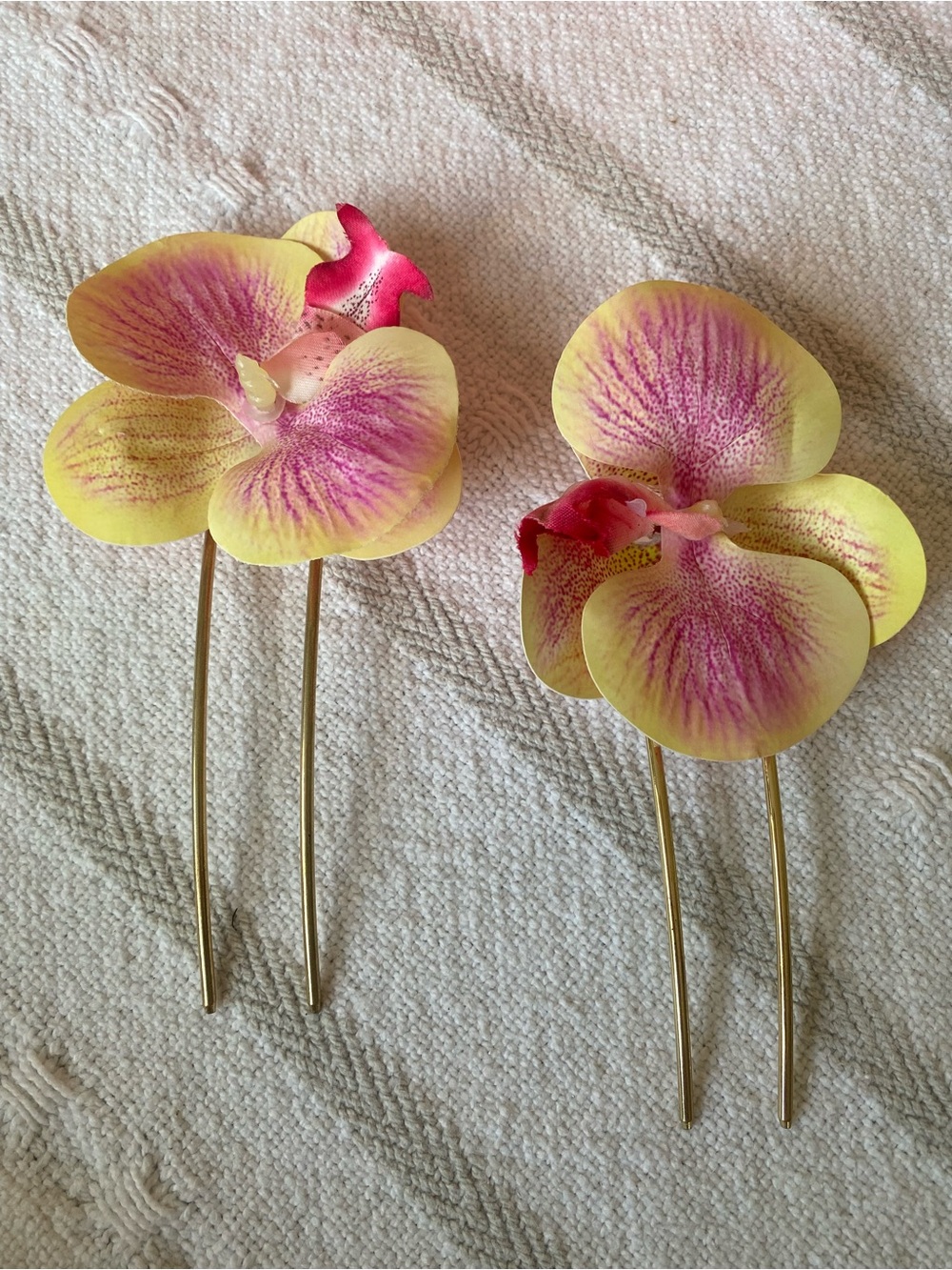 From Anthropologie - Orchid Hair Pins in Yellow and Pink